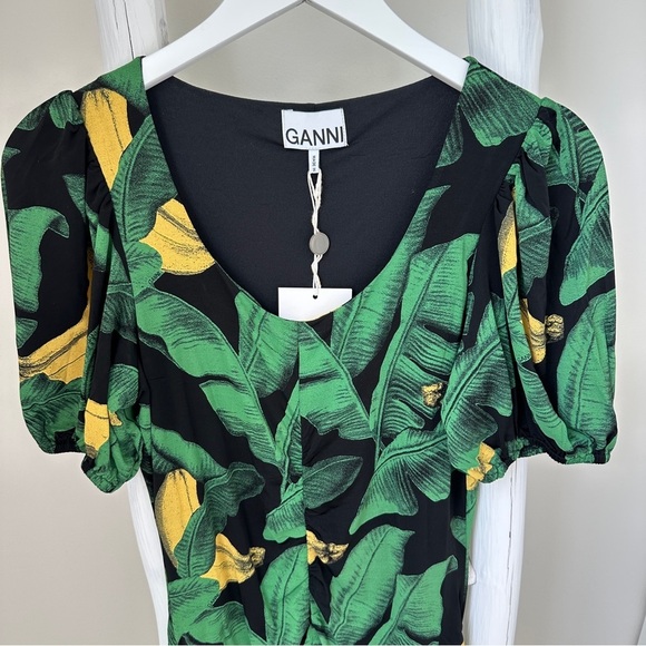 GANNI Ruched Floral Print Stretch Jersey Mini Dress Size 4 - Picture 6 of 15